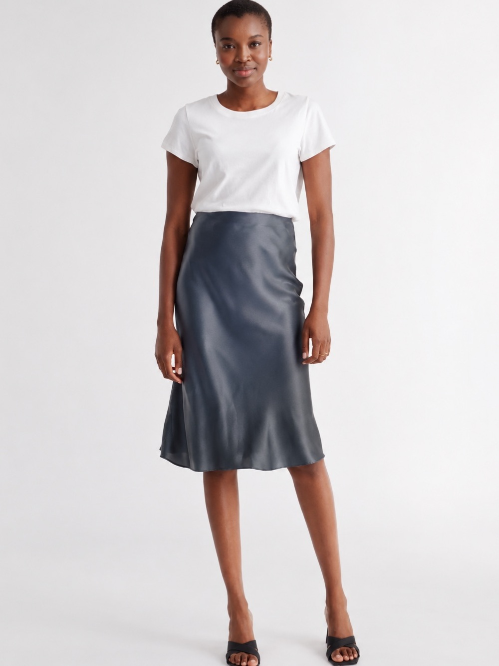 Quince 100% Silk Midi Skirt Gray Silver Sz Small Like New